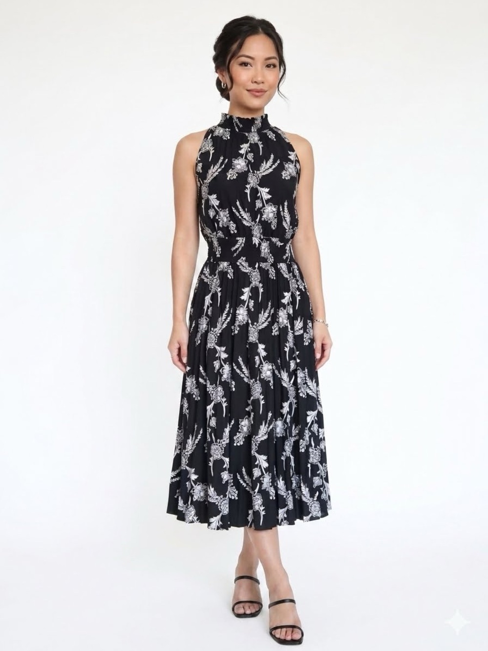 Ann Taylor Black & White Floral High-Neck Midi Dress